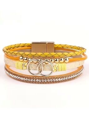 Yellow Leather Multi Layer Circle Crystal Magnetic Bracelet